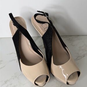 BCBG Paris Black and Cream Peep-Toe Heels women’s size 8.5